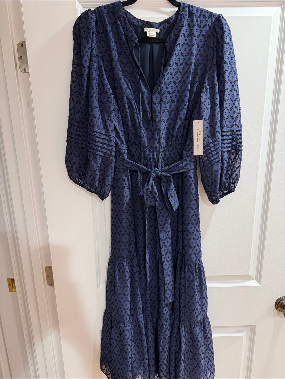 NWT Shoshanna Grand Puff-Sleeve Navy Blue/Jet V-Neck Tiered Midi Dress